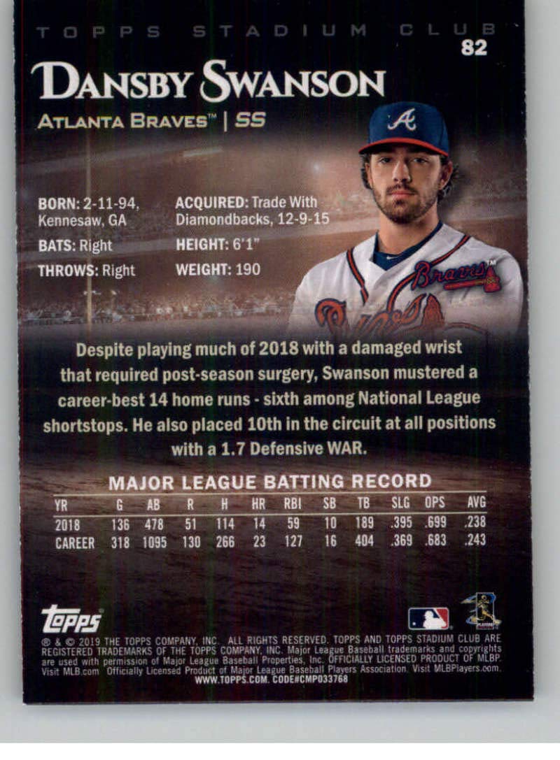 2019 Stadium Club Baseball #82 Dansby Swanson Atlanta Braves Official Topps MLB Trading Card