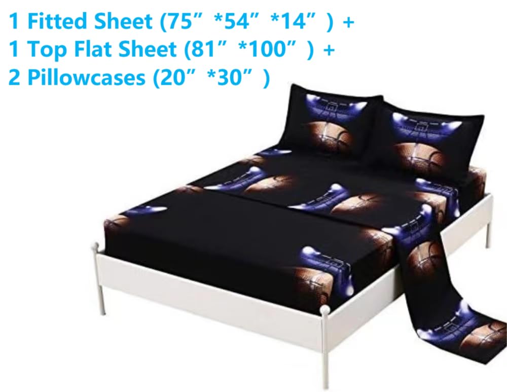 SDIII 4PCS Basketball Bed Sheet Set Full, Bed in a Bag Basketball Sheet Set, Super Soft Microfiber, Wrinkle and Fade Resistant, for Boys, Men and Basketball Lovers, Full