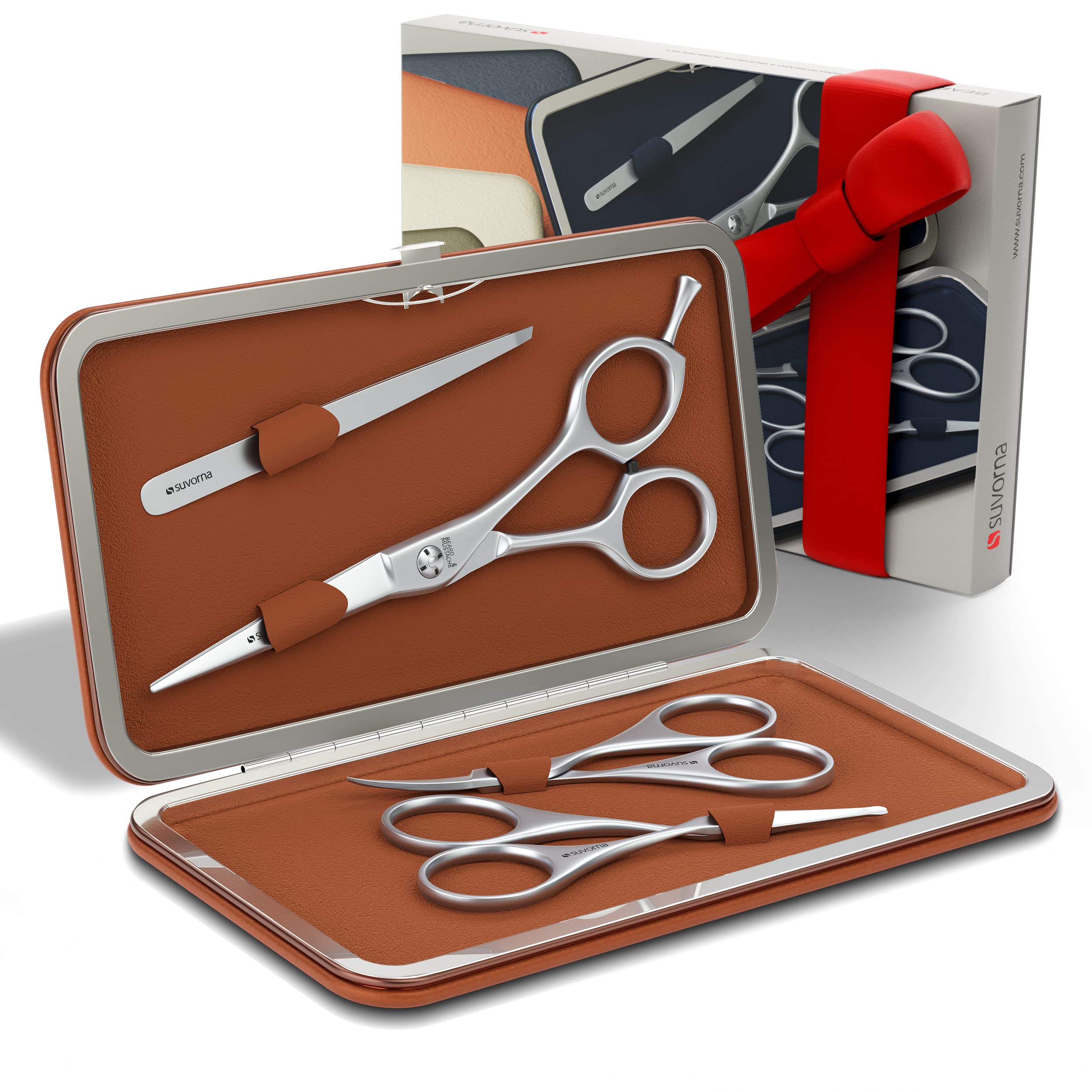 Suvorna Premium Beard & Mustache Scissors Set/Kit with Beard Scissors for Men - Grooming Scissors Men/Facial Hair Scissors/Nose Scissors - Eyebrow Scissors - Slant Tweezers (4 Pcs Brown)