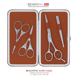 Suvorna Premium Beard & Mustache Scissors Set/Kit with Beard Scissors for Men - Grooming Scissors Men/Facial Hair Scissors/Nose Scissors - Eyebrow Scissors - Slant Tweezers (4 Pcs Brown)