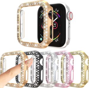 5pack protector case compatible with apple watch se series 6 5 4 44mm cover, double row bling crystal diamonds protective cover pc plated bumper frame accessories (5 colors, 44mm)