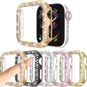 5Pack Protector Case Compatible with Apple Watch SE Series 6 5 4 44mm Cover, Double Row Bling Crystal Diamonds Protective Cover PC Plated Bumper Frame Accessories (5 Colors, 44mm)