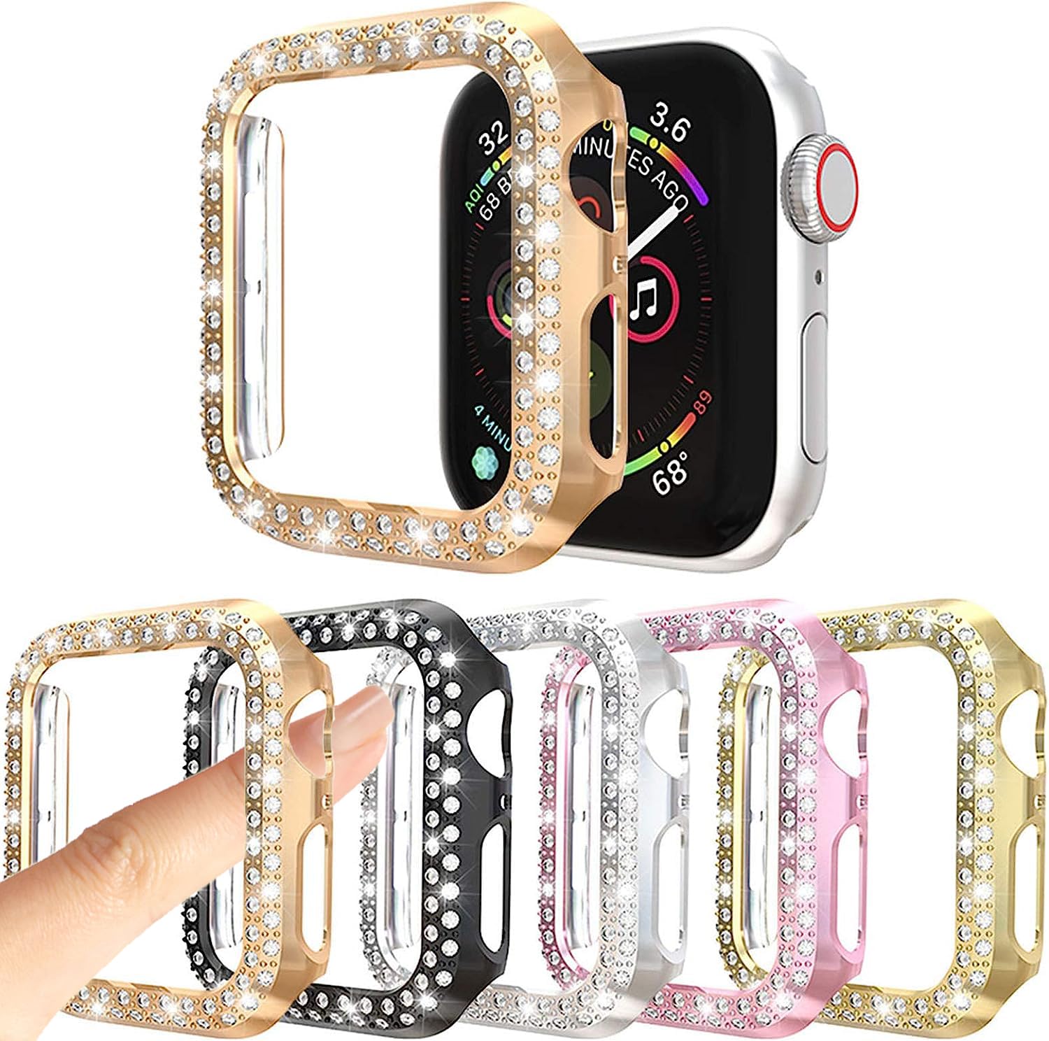 5Pack Protector Case Compatible with Apple Watch SE Series 6 5 4 44mm Cover, Double Row Bling Crystal Diamonds Protective Cover PC Plated Bumper Frame Accessories (5 Colors, 44mm)