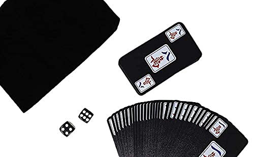 Funrarity Chinese Mahjong Cards Deluxe Set 144 Playing Cards with 2 Dice and Travel Bag (Mah Jong, Mahjongg, Mah-Jongg, Mah Jongg, Majiang) Plastic PVC Portable Durable Waterproof Black