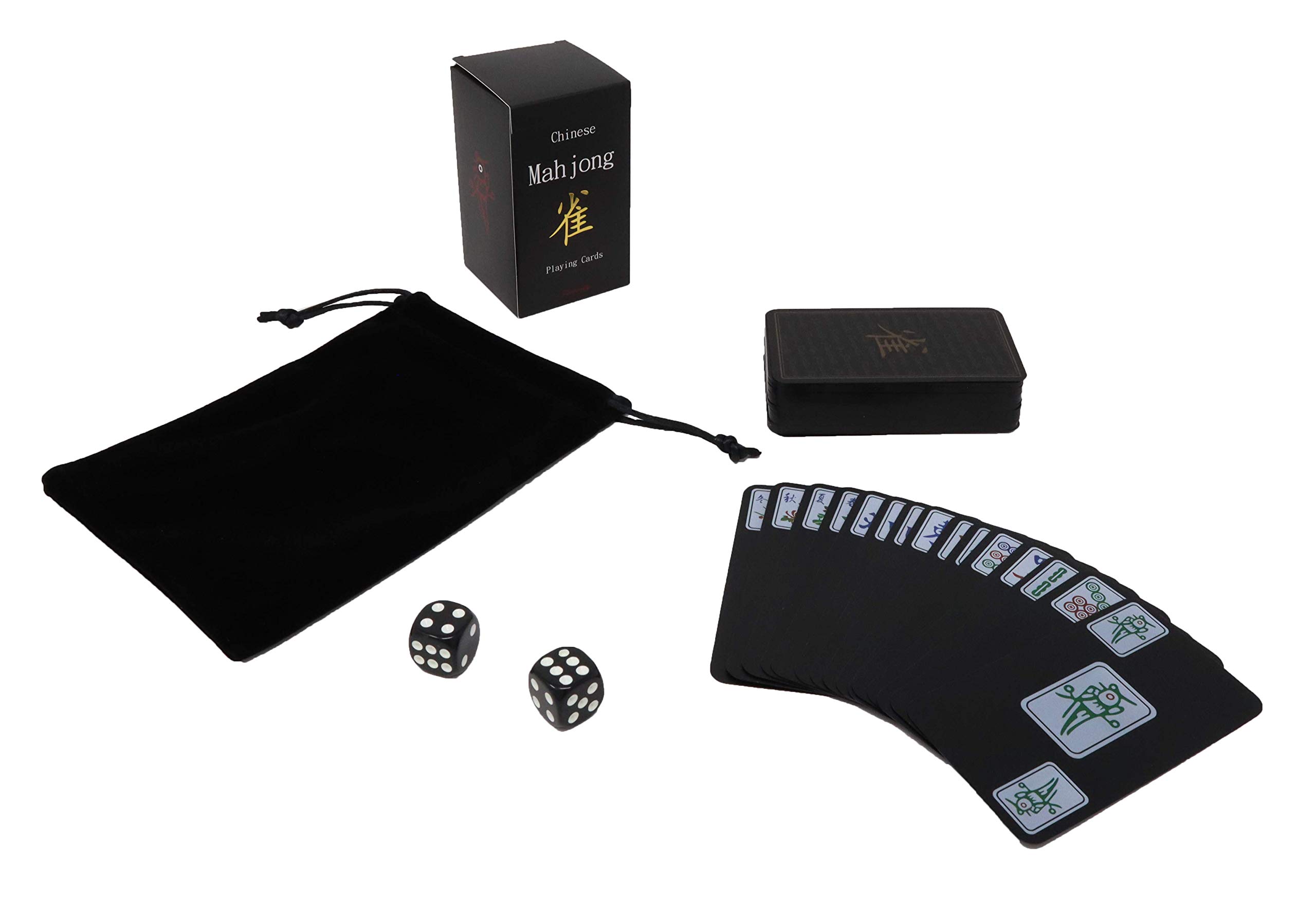 Funrarity Chinese Mahjong Cards Deluxe Set 144 Playing Cards with 2 Dice and Travel Bag (Mah Jong, Mahjongg, Mah-Jongg, Mah Jongg, Majiang) Plastic PVC Portable Durable Waterproof Black