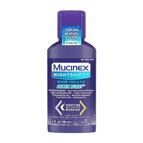 Mucinex® Nightshift® Cold & Flu Clear & Cool Liquid 6 fl. oz. Relieves Fever, Sneezing, Sore Throat, Runny Nose, Nasal Congestion, and Controls Cough with a Burst of Cooling Menthol