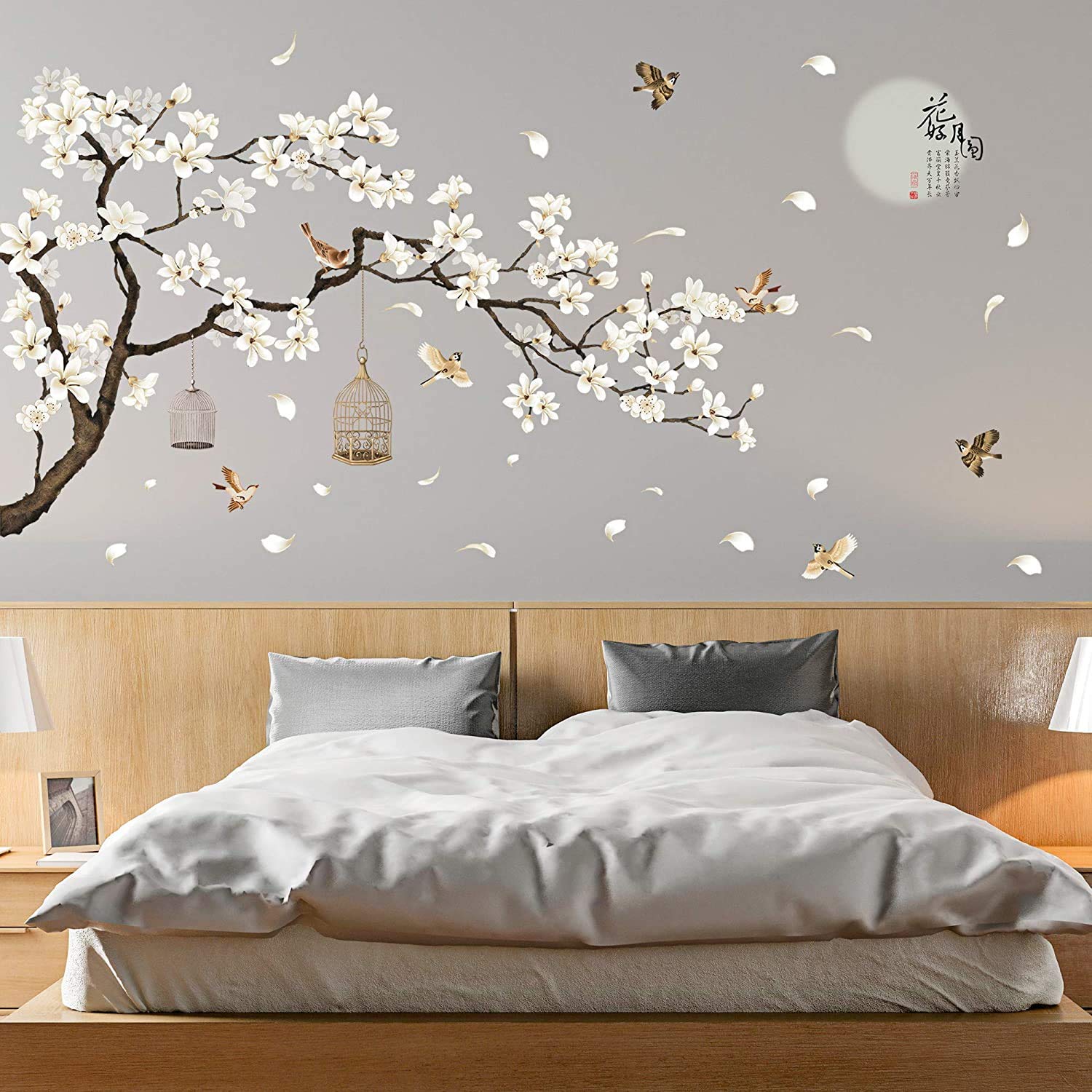 LiveGallery White Peach Blossm Flowers Wall Decals Removable DIY Tree Branches Birds Saying Art Decor Wall Stickers Murals for Living Room TV Background Kids Girls Rooms Bedroom 8 Sheets of 12"x18"