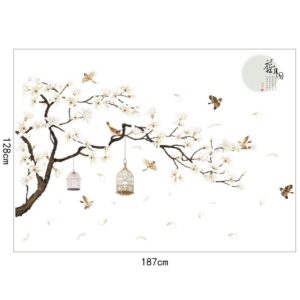 LiveGallery White Peach Blossm Flowers Wall Decals Removable DIY Tree Branches Birds Saying Art Decor Wall Stickers Murals for Living Room TV Background Kids Girls Rooms Bedroom 8 Sheets of 12"x18"