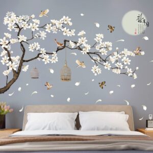 LiveGallery White Peach Blossm Flowers Wall Decals Removable DIY Tree Branches Birds Saying Art Decor Wall Stickers Murals for Living Room TV Background Kids Girls Rooms Bedroom 8 Sheets of 12"x18"