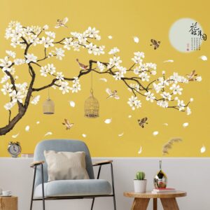 LiveGallery White Peach Blossm Flowers Wall Decals Removable DIY Tree Branches Birds Saying Art Decor Wall Stickers Murals for Living Room TV Background Kids Girls Rooms Bedroom 8 Sheets of 12"x18"