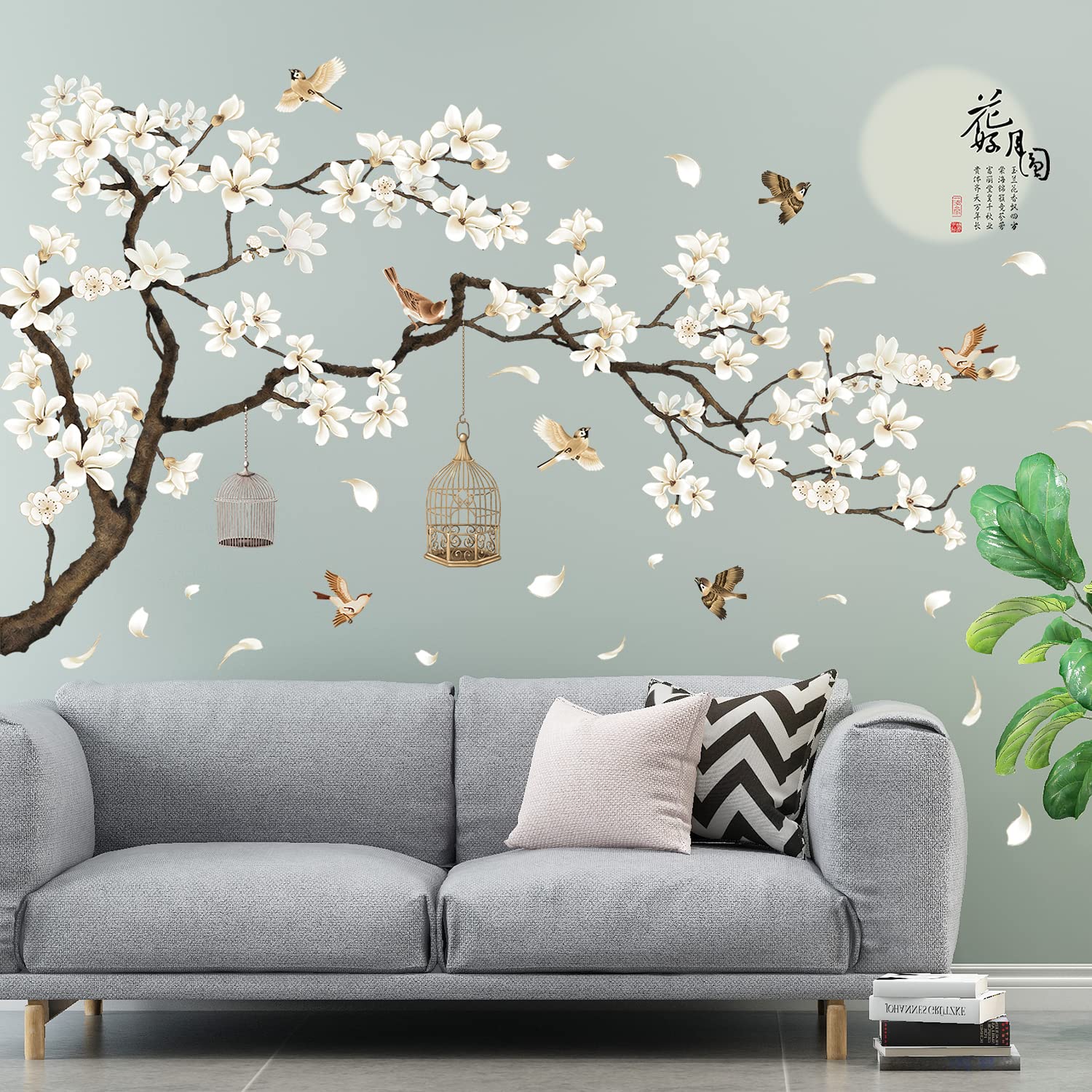 LiveGallery White Peach Blossm Flowers Wall Decals Removable DIY Tree Branches Birds Saying Art Decor Wall Stickers Murals for Living Room TV Background Kids Girls Rooms Bedroom 8 Sheets of 12"x18"