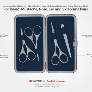 Suvorna Premium Beard & Mustache Scissors Set/Kit with Beard scissors for men - Grooming Scissors men/Facial Hair Scissors/Nose scissors - Eyebrow Scissors - Slant Tweezers (4 Pcs Blue)