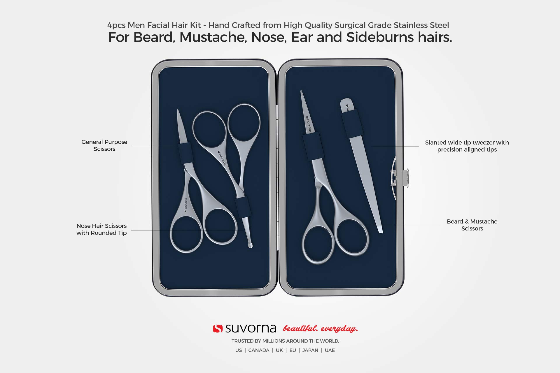 Suvorna Premium Beard & Mustache Scissors Set/Kit with Beard scissors for men - Grooming Scissors men/Facial Hair Scissors/Nose scissors - Eyebrow Scissors - Slant Tweezers (4 Pcs Blue)