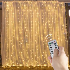 curtain lights 9.8ft 300led window curtain icicle lights, waterproof christmas curtain string fairy wedding lights for outdoor party curtains window decorations (warm white with remote control)