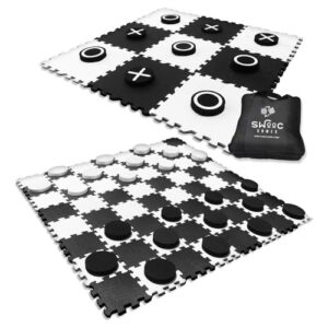 swooc games - 2-in-1 reversible giant checkers & tic tac toe game (4ft x 4ft) - 100% high density eva foam mat & pieces - extra large checkers with jumbo checkerboard and yard size tic tac toss