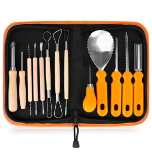 elmchee halloween pumpkin carving tools,jack-o-lanterns 13 piece professional pumpkin cutting carving supplies tools kit stainless steel lengthening and thickening with handbag