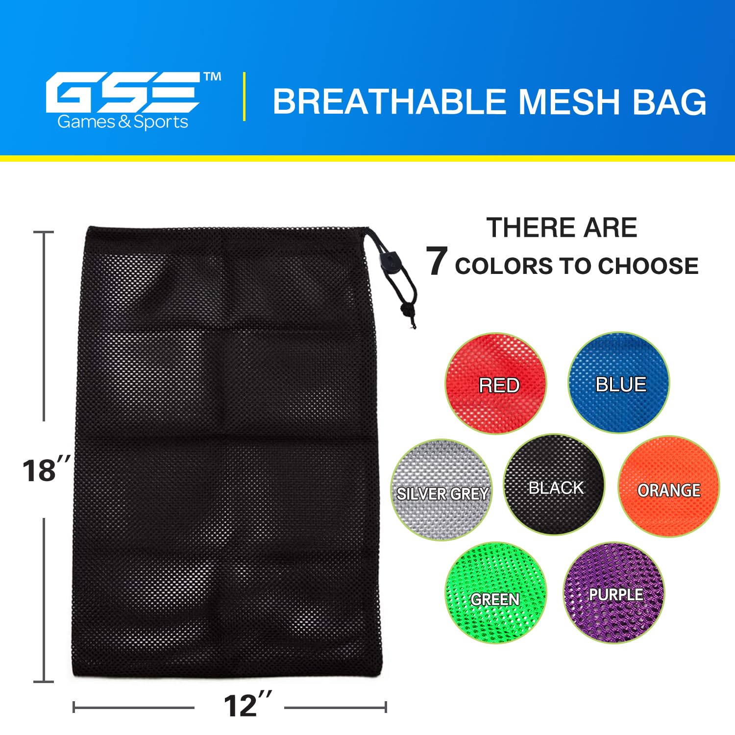 GSE 18"x12" Mesh Drawstring Bag for Baseballs, Softballs, Tennis, Pickleball Balls, Golf Balls. Mesh Sports Equipment Bag with Lock for Gym Training, Toys, Beach, Laundry (Black)