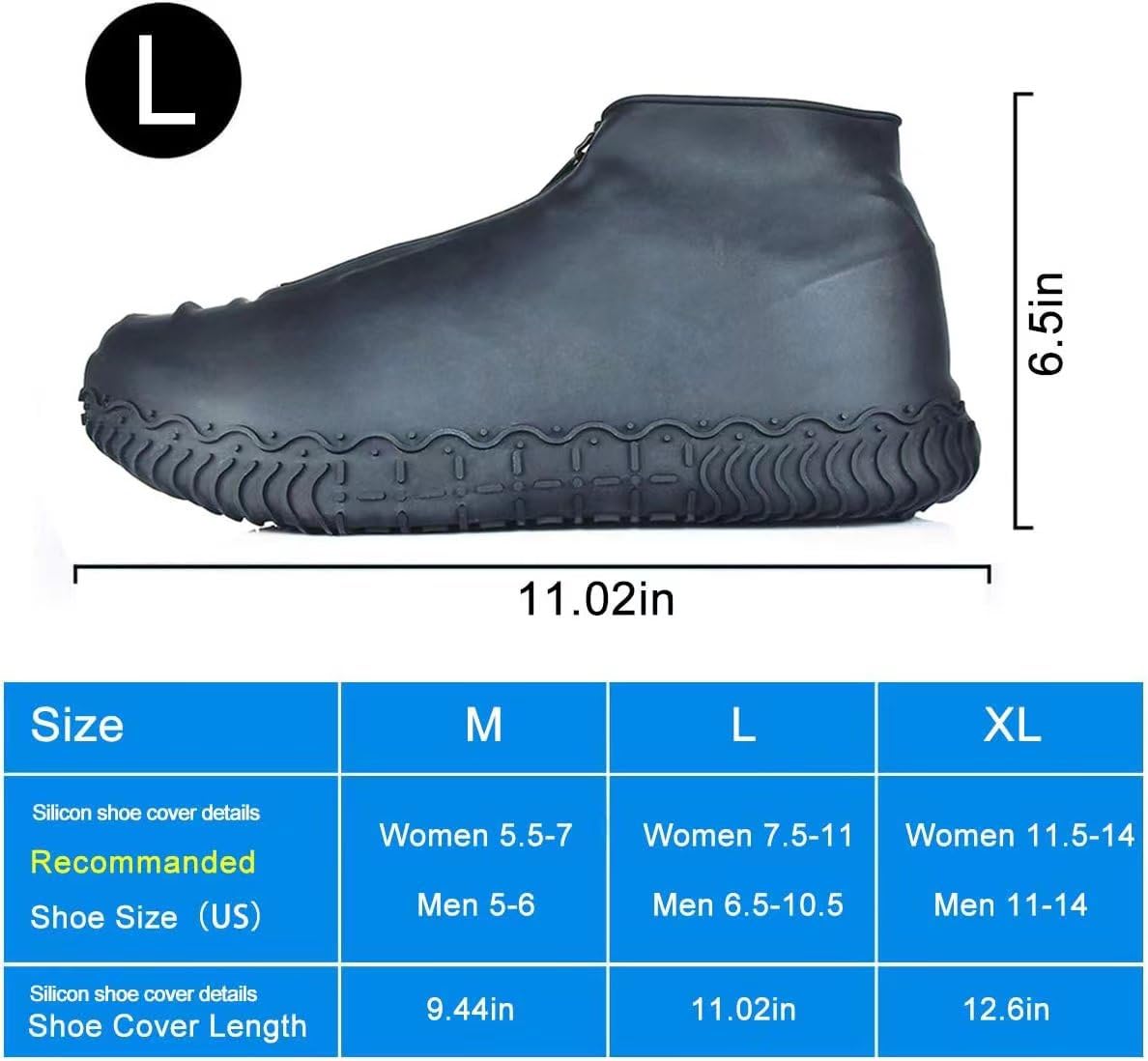 Shiwely Silicone Waterproof Shoe Covers, Upgrade Reusable Overshoes with Zipper, Resistant Rain Boots Non-Slip Washable Protection for Women, Men (L (Women 7.5-11, Men 6.5-10.5), Black)