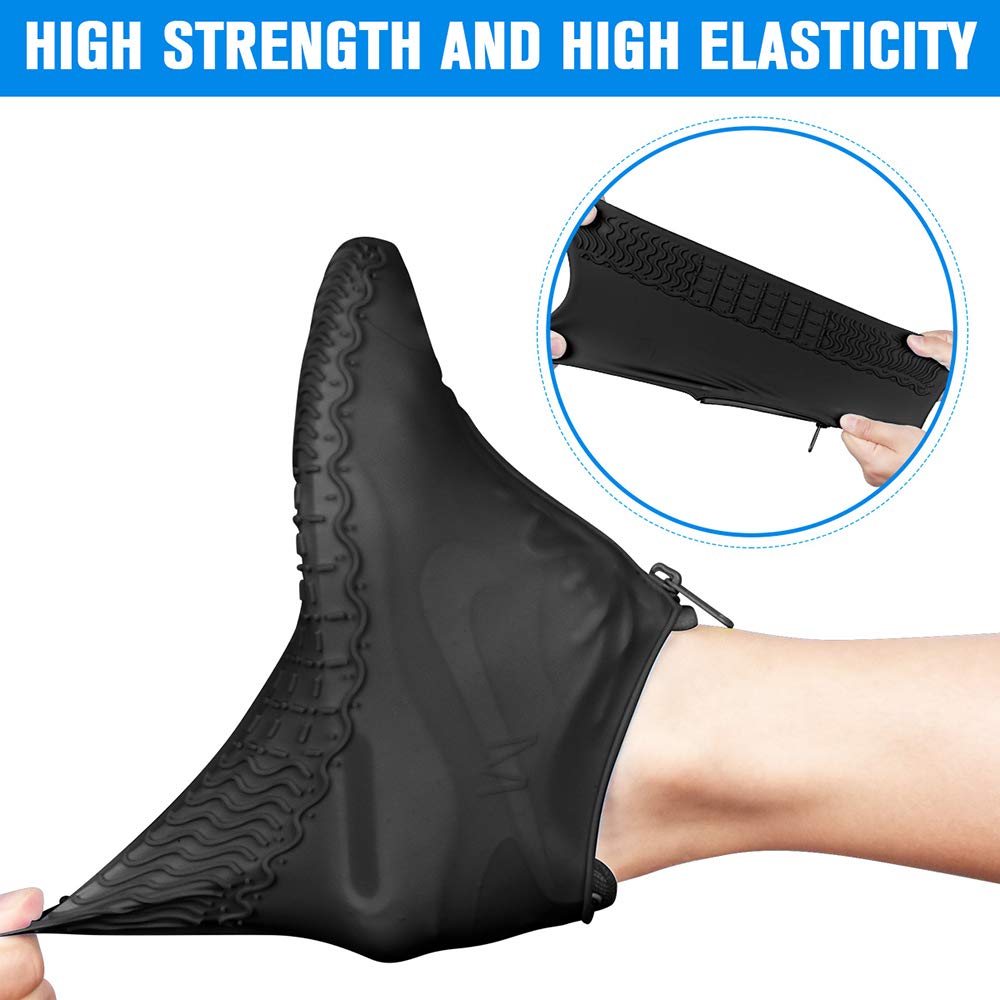 Shiwely Silicone Waterproof Shoe Covers, Upgrade Reusable Overshoes with Zipper, Resistant Rain Boots Non-Slip Washable Protection for Women, Men (L (Women 7.5-11, Men 6.5-10.5), Black)