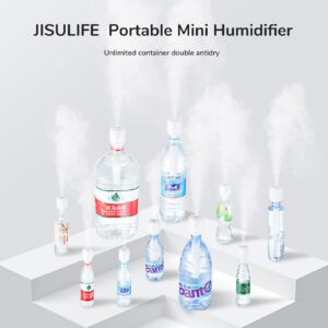 JISULIFE Mini Portable Humidifier, Travel Personal Battery Operated Humidifier with Container Diversity, Max 7Hrs, Auto Shut Off , Ultra-Quiet, USB Rechargeable Humidifier for Office/Bedroom/Plants