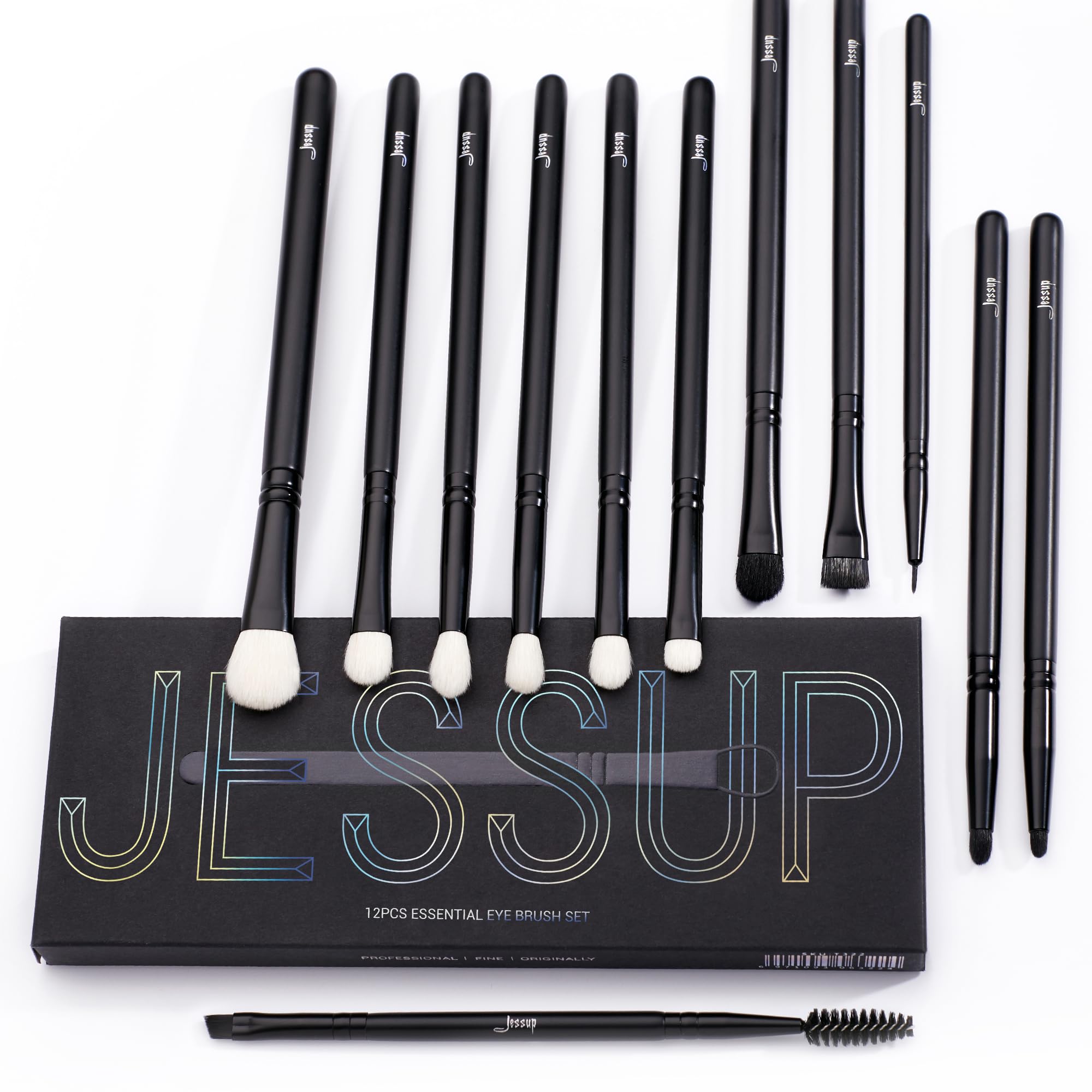 Jessup Eyeshadow Brush Set 12pcs Black Eye Makeup Brushes Set Professional with Natural Synthetic Hair for Eyebrow Eyelash Eyeliner Spoolie Blending, T322