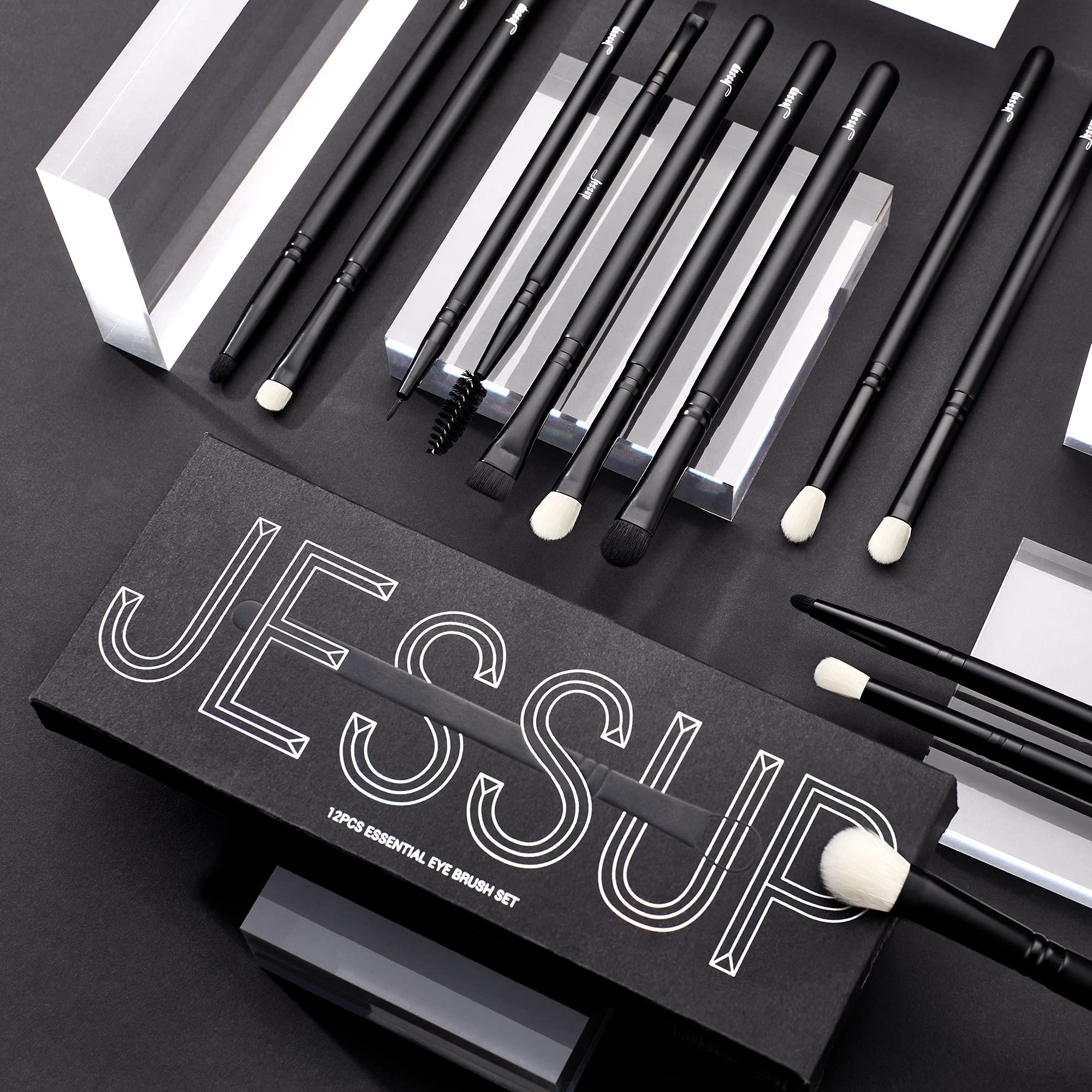 Jessup Eyeshadow Brush Set 12pcs Black Eye Makeup Brushes Set Professional with Natural Synthetic Hair for Eyebrow Eyelash Eyeliner Spoolie Blending, T322