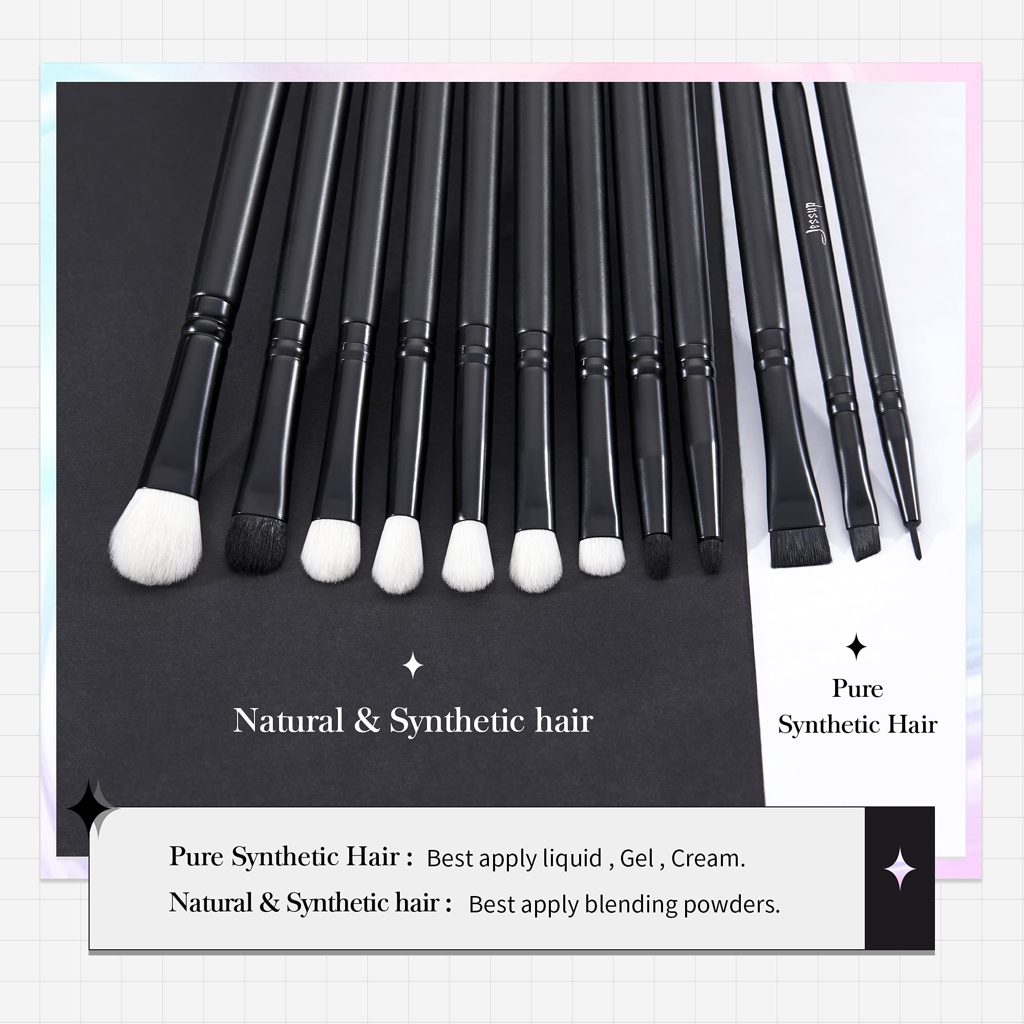 Jessup Eyeshadow Brush Set 12pcs Black Eye Makeup Brushes Set Professional with Natural Synthetic Hair for Eyebrow Eyelash Eyeliner Spoolie Blending, T322