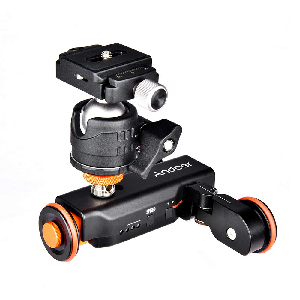 Andoer 3-Wheels Motorized Camera Video Auto Dolly with Ballhead, Electric Track Rail Slider Dolly Car with Wirelesss Remote Control, 3 Speed Adjustable for DSLR Camera Camcorder Gopro Smartphones