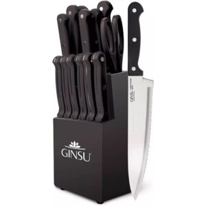 ginsu kiso dishwasher safe black 14 piece knife set block, 9" w x 15" h x 5" d