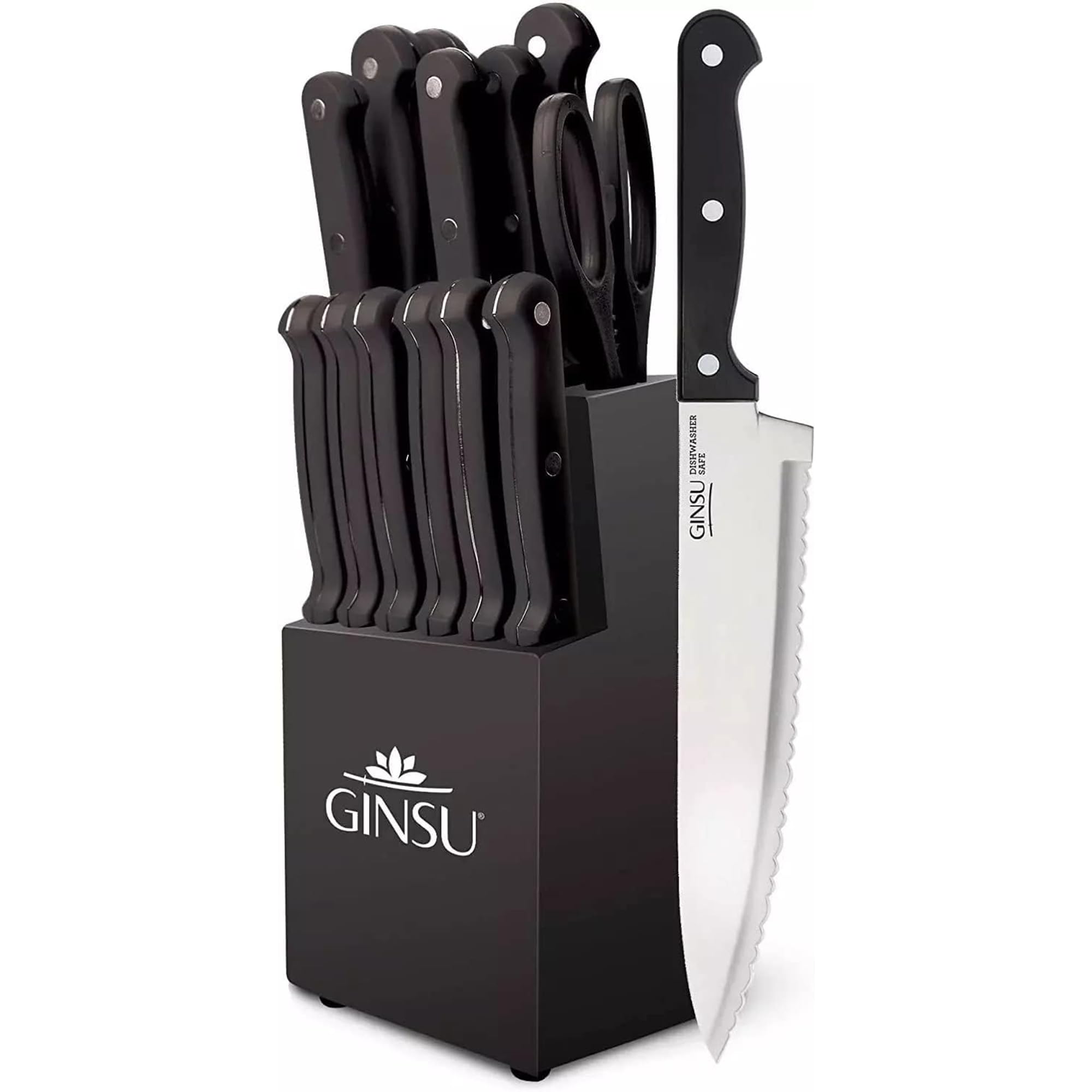 Ginsu Kiso Dishwasher Safe Black 14 Piece Knife Set Block, 9" W x 15" H x 5" D