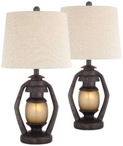 franklin iron works horace rustic farmhouse table lamps 25.25" high full size set of 2 with nightlight miner lantern brown oatmeal tapered drum shade for living room bedroom house bedside nightstand