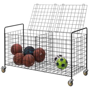 MyGift X-Large Capacity Black Metal Sports Ball and Gym Equipment Storage Rolling Cart with 2 Compartments, Lock Latch and Heavy-Duty Locking Caster Wheels, Garage Ball and Gear Organizer Holder