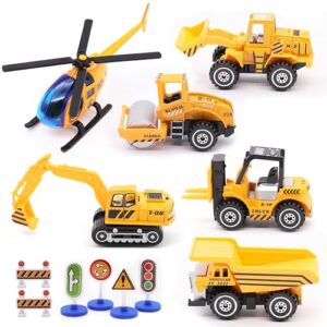 Childom Engineering Vehicle Toys Set Alloy Construction Big Forklift,Single Drum Roller,Stacker/Crane,Helicopter,Excavator,Heavy Duty Truck Mini Toy Set for Kids Boys Girl