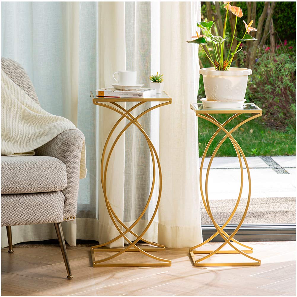 glitzhome Nesting Side Tables, Set of 2 End Tables with Metal Frame & Tempered Glass Top, Coffee Tables Decorative Accent Tables for Bedroom, Living Room, Home Office - Golden