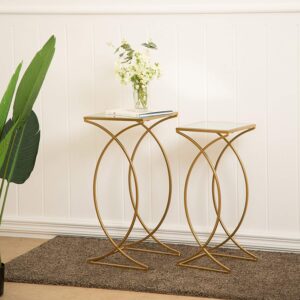 glitzhome Nesting Side Tables, Set of 2 End Tables with Metal Frame & Tempered Glass Top, Coffee Tables Decorative Accent Tables for Bedroom, Living Room, Home Office - Golden