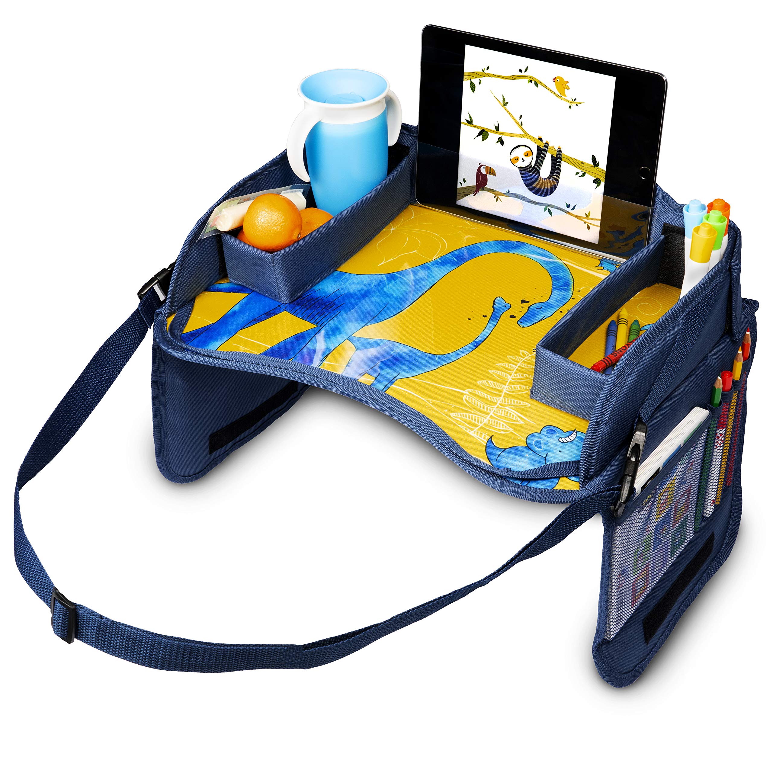 JumpOff Jo – Kids Car Seat Travel Tray, Kids Activity Tray, Activities for Travel, Cars, and Tables, Tablet Holder for Kids in The Car, 17" x 12” - Blue Dinosaurs