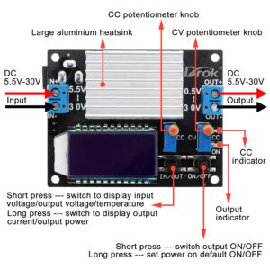 DROK Boost Buck Converter, DC 5.5-30V to 0.5-30V 5V 12V 24V Output Adjustable Power Supply Regulator Module, 4A 35W High Power Voltage Step Up Down Converter Board with Case LCD Display