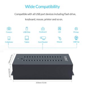 ORICO Industrial USB Hub, 300W Powered Data Hub, 30 Port USB 2.0 Splitter, Full Metal Case, Wall Mountable Support Phone/Tablet Charging, Refurbishing and Brush, Batch Data Transfer