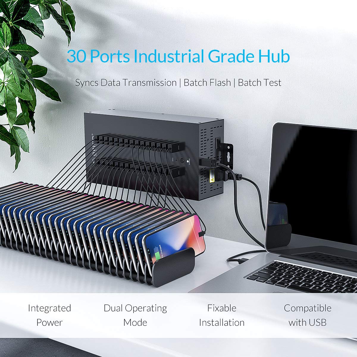 ORICO Industrial USB Hub, 300W Powered Data Hub, 30 Port USB 2.0 Splitter, Full Metal Case, Wall Mountable Support Phone/Tablet Charging, Refurbishing and Brush, Batch Data Transfer