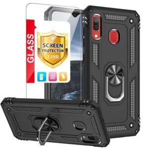 tjs compatible with samsung galaxy a20 case, galaxy a30 case, with tempered glass screen protector metal ring magnetic support kickstand heavy duty drop protector phone case (black)