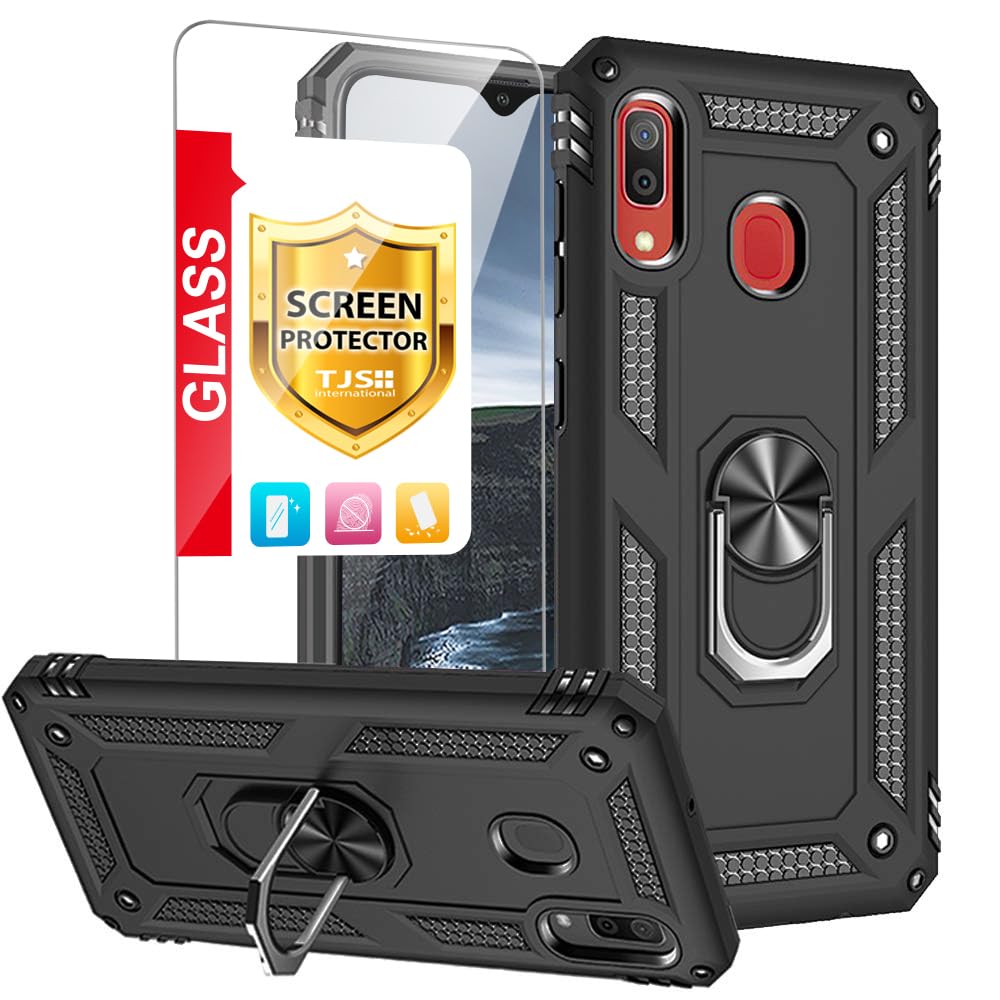 TJS Compatible with Samsung Galaxy A20 Case, Galaxy A30 Case, with Tempered Glass Screen Protector Metal Ring Magnetic Support Kickstand Heavy Duty Drop Protector Phone Case (Black)