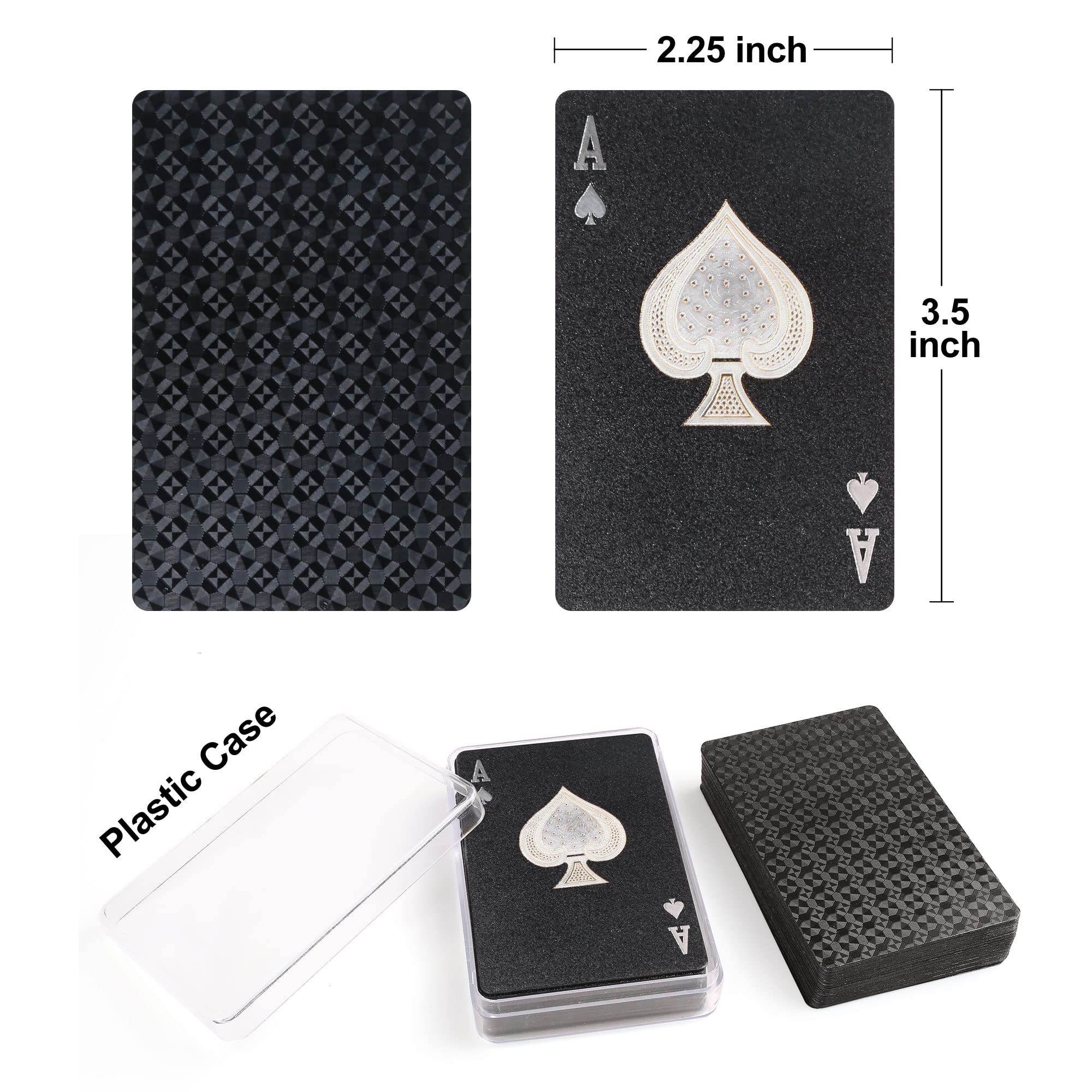 LotFancy Plastic Playing Cards, 2 Decks of Cards with Plastic Cases, Waterproof, Black Poker Cards for Magic Tricks Pool Beach Card Games, Cool Gadgets Gift for Men Adults