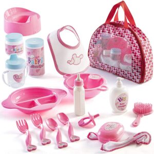 prextex 18-piece baby doll accessories set with carrying case - includes bottle, sippy cup, pacifier, bib, hair brush, plates and more, perfect for kids, toddlers, and girls