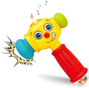toy hammer w/lights, learning mode and music mode – baby hammer toy plays 6 short kids' songs, counts 1-10 w/baby, changes funny expressions and lights up – for kids 12 months and older