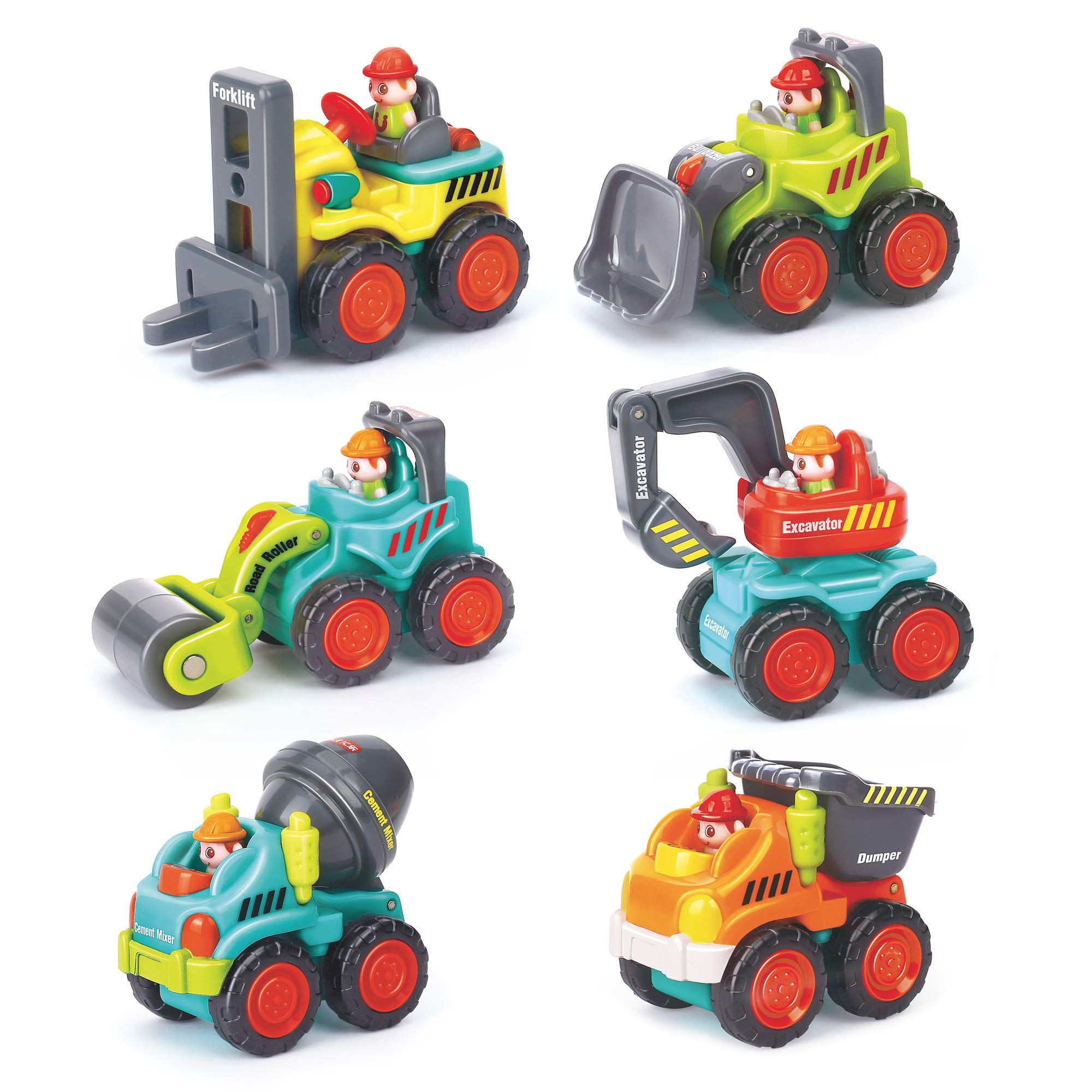 6 Pieces Construction Vehicles Toy Trucks Set - Bulldozer, Cement Mixer, Dumper, Forklift, Excavator and Road Roller for Your Little Contractor - Push and Go Sliding Toys for Toddlers 18m+