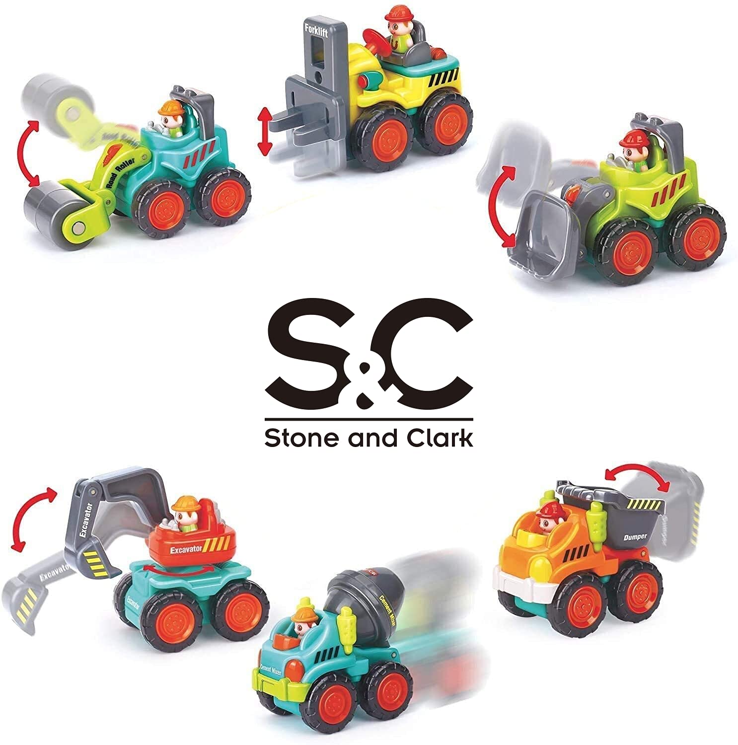 6 Pieces Construction Vehicles Toy Trucks Set - Bulldozer, Cement Mixer, Dumper, Forklift, Excavator and Road Roller for Your Little Contractor - Push and Go Sliding Toys for Toddlers 18m+