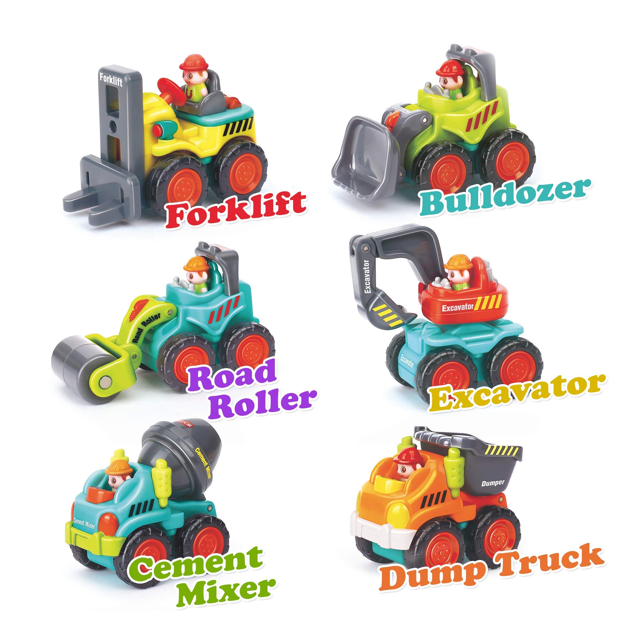 6 Pieces Construction Vehicles Toy Trucks Set - Bulldozer, Cement Mixer, Dumper, Forklift, Excavator and Road Roller for Your Little Contractor - Push and Go Sliding Toys for Toddlers 18m+