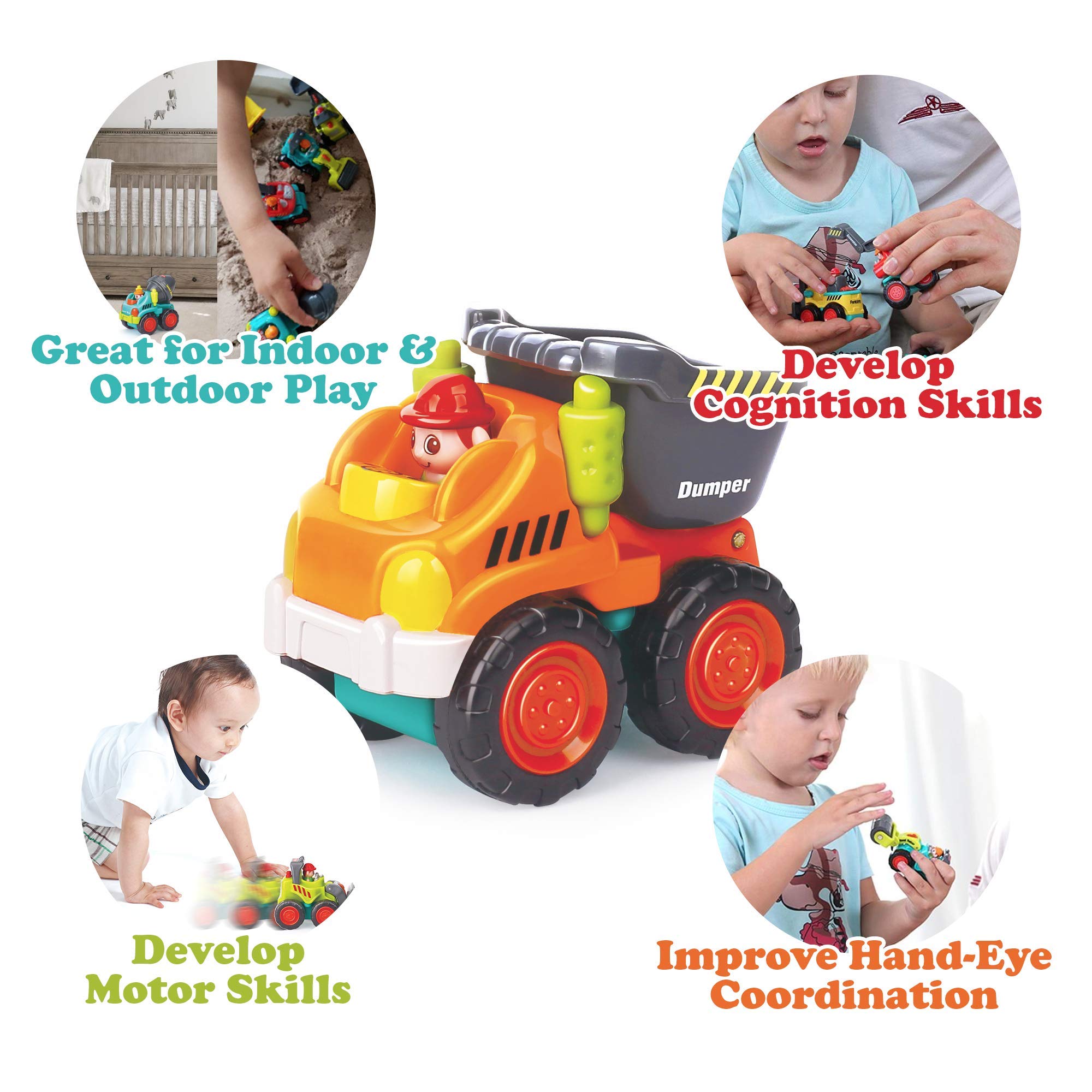 6 Pieces Construction Vehicles Toy Trucks Set - Bulldozer, Cement Mixer, Dumper, Forklift, Excavator and Road Roller for Your Little Contractor - Push and Go Sliding Toys for Toddlers 18m+