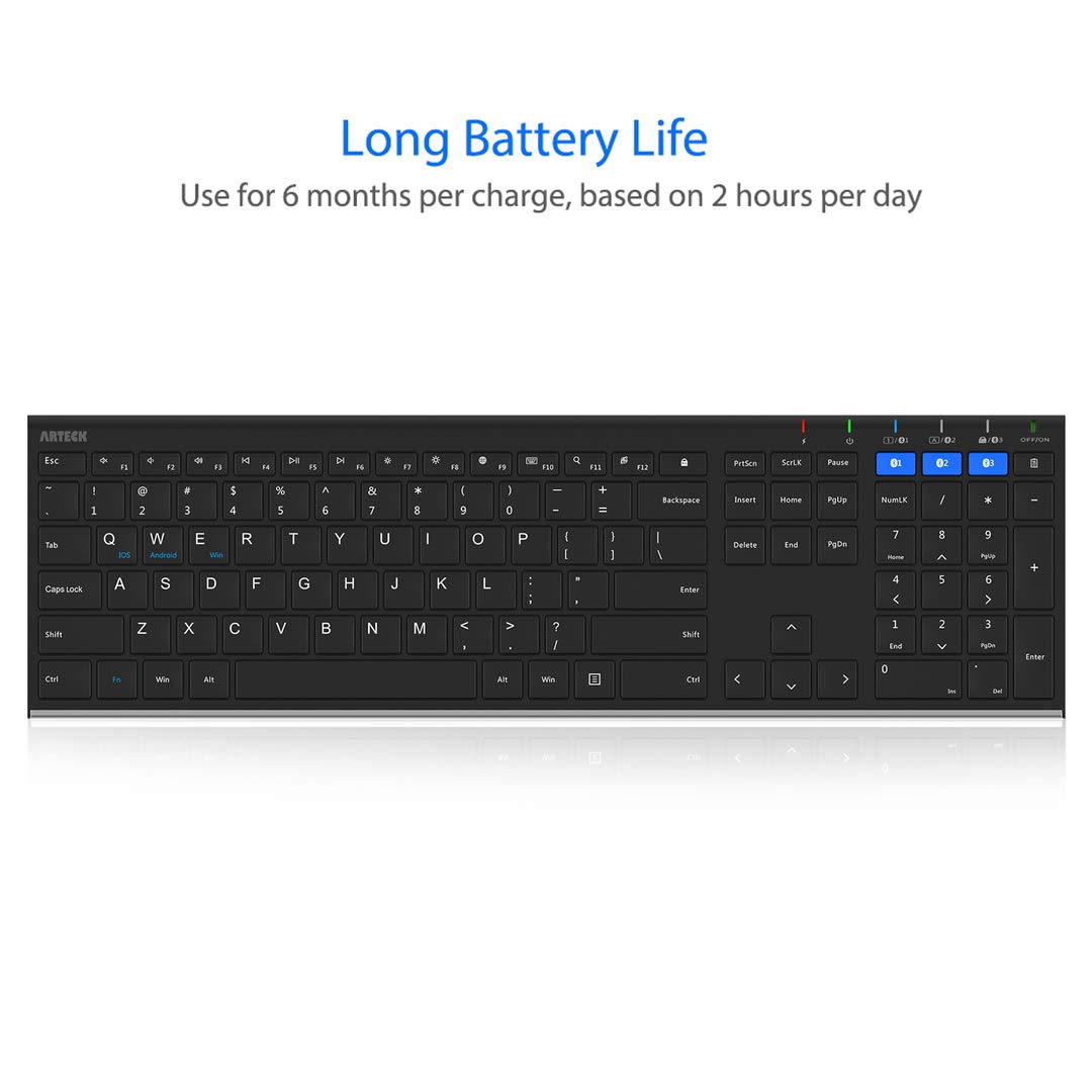 Arteck HB192 Universal Bluetooth Keyboard Multi-Device Stainless Steel Full Size Wireless Keyboard for Windows iOS Android Computer Desktop Laptop Surface Tablet Smartphone Rechargeable Battery