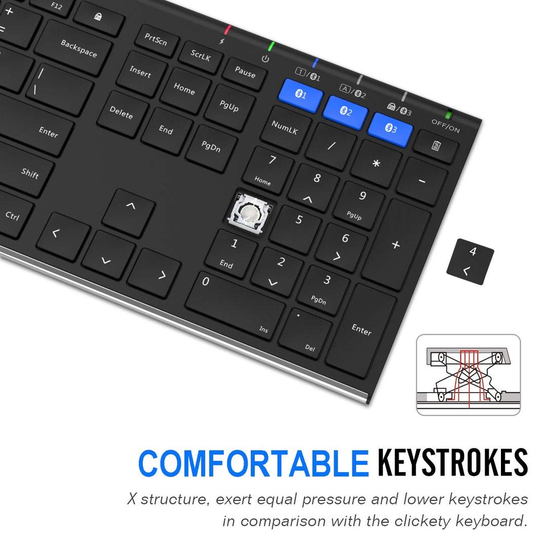 Arteck HB192 Universal Bluetooth Keyboard Multi-Device Stainless Steel Full Size Wireless Keyboard for Windows iOS Android Computer Desktop Laptop Surface Tablet Smartphone Rechargeable Battery